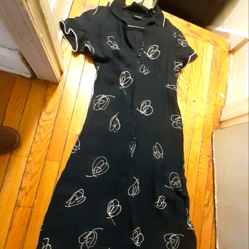 Liz Claiborne dress size 16 black beige graphic fully lined rayon
